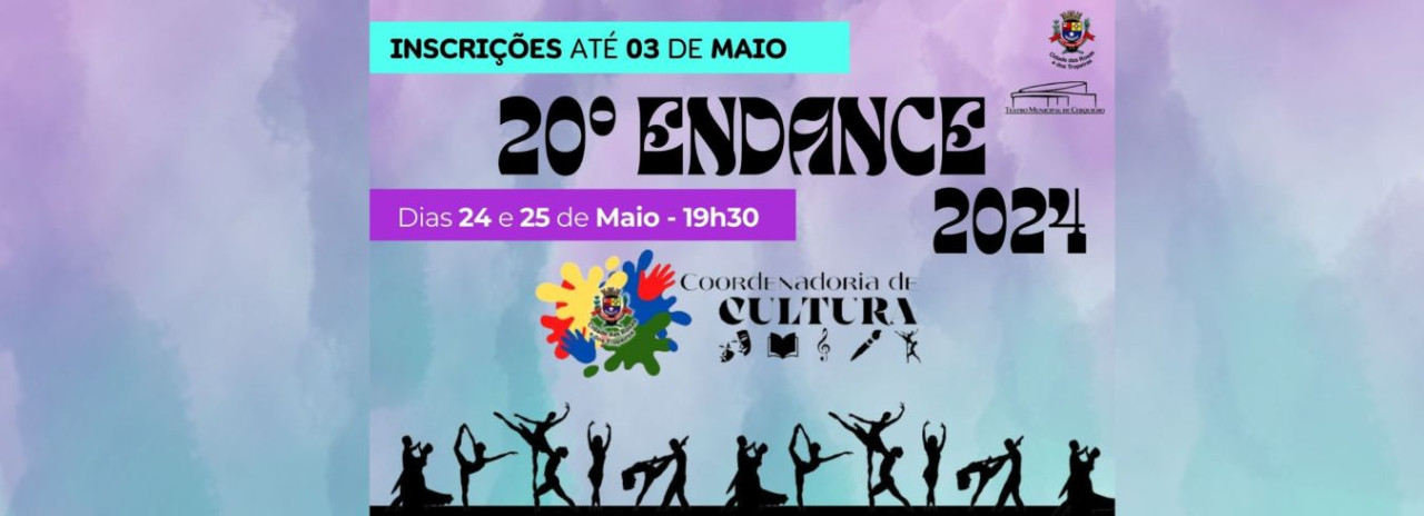 Estão abertas as inscrições para o 20º Encontro de Dança de Cerquilho – o ENDANCE, que acontecerá nos dias 24 e 25 de Maio de 2024- às 19h30, no Teatro Municipal. 