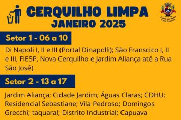 A Prefeitura de Cerquilho divulga o Cronograma Cerquilho Limpa - Janeiro/2025