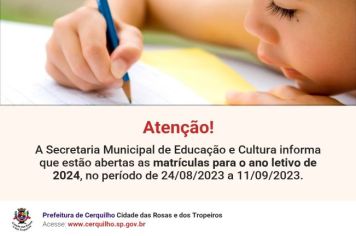 Prefeitura de Cerquilho informa sobre Matrícula Antecipada 2024