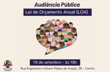 A Prefeitura de Cerquilho, através da Secretaria de Finanças, convida população para a Audiência Pública da Lei de Orçamento Anual (LOA), que será realizada no dia 19 de setembro, às 18h. 