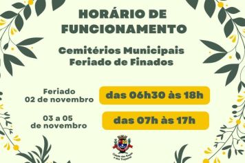 Prefeitura Municipal de Cerquilho informa sobre o horário de funcionamento dos cemitérios municipais no feriado de Finados, 02 de novembro