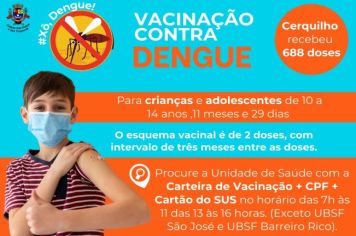 A Prefeitura de Cerquilho, por meio da Secretaria de Saúde -  Vigilância Epidemiológica comunica que a vacina contra DENGUE está disponível para as crianças e adolescentes de 10 a 14 anos ,11 meses e 29 dias.