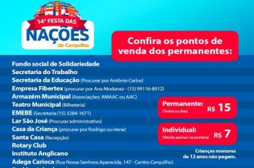 Saiba os ponto de venda dos ingressos da 14ª Festa da Nações de Cerquilho, que acontecerá nos dias 14, 15 e 16 de junho.