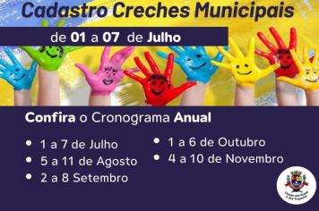 A Prefeitura Municipal, através da Secretaria de Educação e Cultura, informa que entre os dias 01 a 07 de Julho, estarão abertas as inscrições para as Creches Municipais.