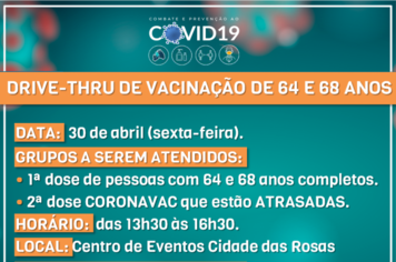 Secretaria da Saúde orienta sobre vacinação de pessoas com 64 e 68 anos que não tomara a primeira dose