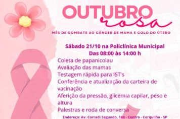 Dando continuidade às ações do mês de Prevenção ao Câncer de Mama e de Colo do Útero, Prefeitura Municipal, por meio da Secretaria de Saúde, realiza Mutirão Outubro Rosa no próximo sábado, 21 de outubro 