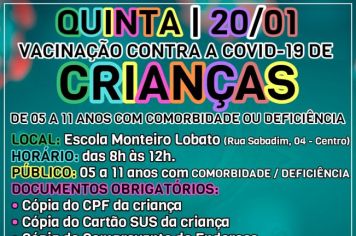 Cerquilho segue vacinação de crianças com comorbidade e deficiência nesta quinta-feira, 20/01