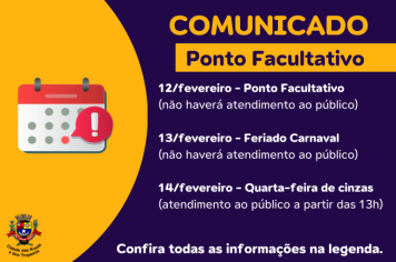 A Prefeitura de Cerquilho comunica ponto facultativo repartições públicas do município durante o Carnaval 2024