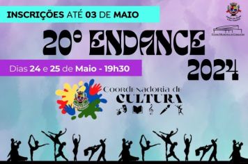 Estão abertas as inscrições para o 20º Encontro de Dança de Cerquilho – o ENDANCE, que acontecerá nos dias 24 e 25 de Maio de 2024- às 19h30, no Teatro Municipal. 