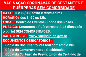 Novas orientações para vacinação de gestantes e puérperas sem comorbidade em Cerquilho