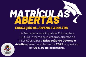 A Prefeitura de Cerquilho, por meio da Secretaria Municipal de Educação e Cultura informa que estão abertas as inscrições para a Educação de Jovens e Adultos para o ano letivo de 2025