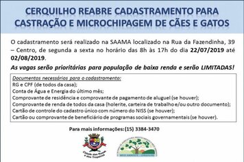 Prefeitura de Cerquilho castra todos os animais cadastrados e reabre inscrições para vagas remanescentes