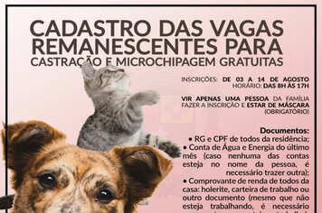 Prefeitura informa sobre cadastro para as vagas remanescentes de castração e microchipagem gratuitas