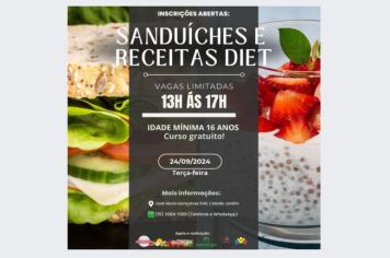 O Fundo Social de Solidariedade de Cerquilho em parceria com o Projeto CozinhAlimento informa que estão abertas as inscrições para o Curso de Sanduíches e Receitas Diet.