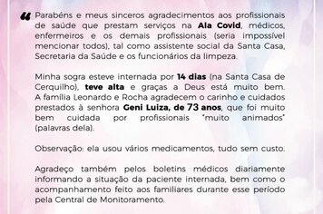 Relato de familiares de paciente curada do covid-19 em Cerquilho