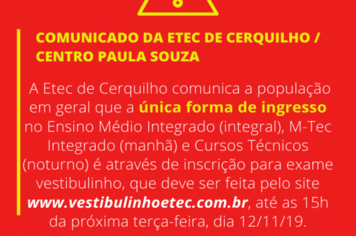 COMUNICADO DA ETEC DE CERQUILHO / CENTRO PAULA SOUZA 