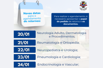 A Secretaria de Saúde e Promoção Social informa sobre os agendamentos de RETORNO com os médicos das especialidades da Policlínica. Confira