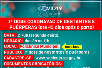  Vacinação de gestantes e puérperas acontece na Policlínica, nesta segunda (21/06)