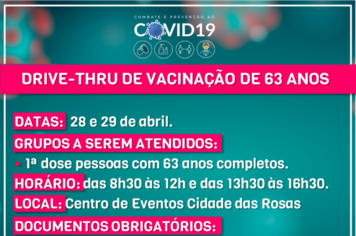 Secretaria da Saúde vacina pessoas com 63 anos nesta quarta e quinta-feira