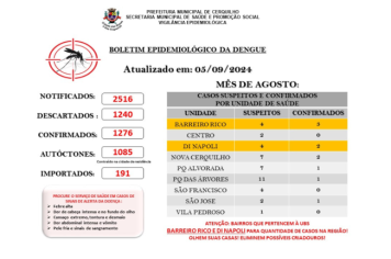 A Prefeitura de Cerquilho, através da Secretaria de Saúde - Vigilância Epidemiológica e o Controle de Vetores, informa a população sobre o Boletim de Casos de Dengue em Agosto de 2024. 