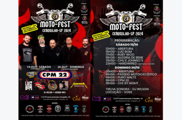 A Prefeitura de Cerquilho, por meio da SETUL, apresenta: 23ª Edição do MOTO FEST, que acontecerá nos dias 19 e 20 de outubro no Centro de Eventos de Cerquilho! Confira as atrações! 