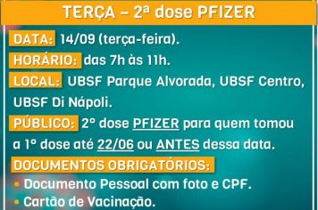 Nesta segunda e terça-feira, 13 e 14/09, segunda dose ASTRAZENECA e PFIZER