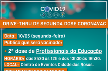 Profissionais da Educação devem tomar segunda dose da vacina na segunda, dia 10/05