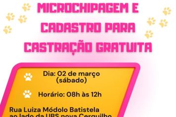 Prefeitura de Cerquilho, por meio da Secretaria de Agricultura, Abastecimento e Meio Ambiente informa sobre a microchipagem e cadastro para a castração de cães e gatos gratuitamente. 