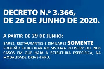 A partir de 29 de Junho, bares, restaurantes e similares somente poderão atender por delivery e drive-thru