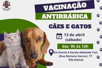 Prefeitura de Cerquilho informa a população sobre a vacinação de rotina de cães e gatos contra raiva, que acontecerá no dia 13 de abril. 