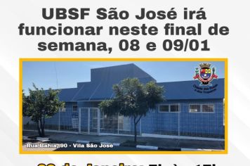 UBSF São José irá funcionar neste sábado e domingo, 08 e 09/01