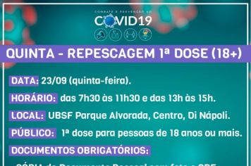 Secretaria da Saúde faz repescagem de primeira dose nesta quinta e aplica dose reforço em idosos de 80 + na sexta-feira