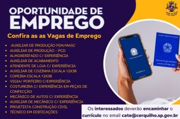 A Prefeitura de Cerquilho, através da Central de Atendimento ao Trabalhador e à Empresa de Cerquilho, informa as oportunidades de emprego disponíveis nesta semana. Confira as Vagas. 