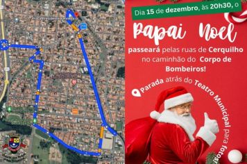 A Prefeitura de Cerquilho convida toda a população para recepcionar a chegada do Papai Noel no caminhão do Corpo de Bombeiros, hoje, 15 de dezembro, às 20h30.