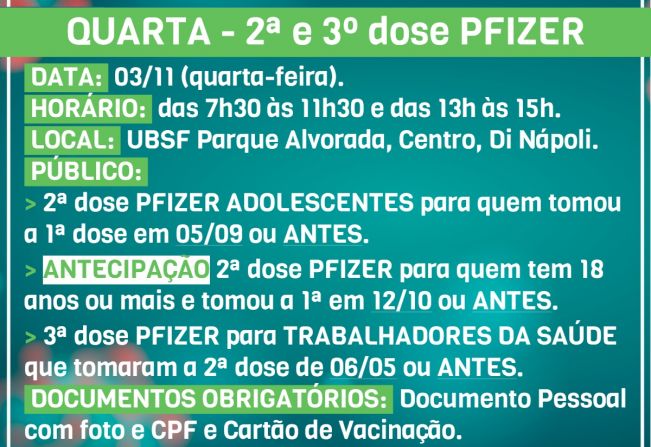 Cronograma de vacinação contra a Covid de 03 a 06 de novembro