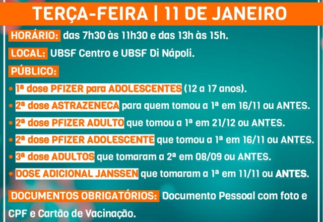 Atenção para a programação de vacinação contra a Covid-19 nesta segunda e terça-feira