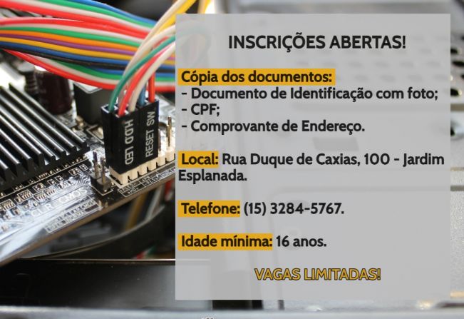 Prefeitura e Senai estão com inscrições abertas para o Curso de Assistente Mantenedor de Computadores.