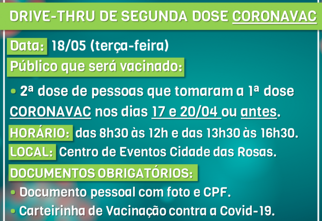 Secretaria da Saúde informa sobre vacinação de segunda dose na próxima semana