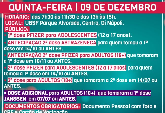 Confira quem pode se vacinar de quarta a sexta-feira dessa semana, 07 a 10/12