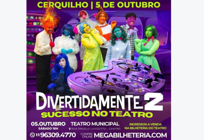 Teatro Municipal de Cerquilho apresenta: “Divertida Mente 2” vai ensinar a criançada a lidar com as emoções. 