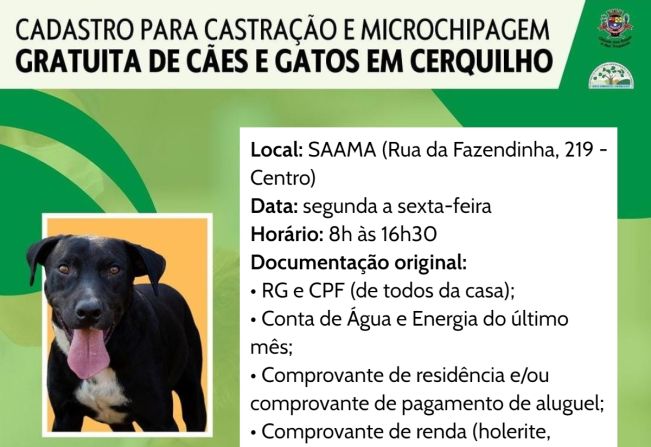 Prefeitura informa sobre cadastro para castração e microchipagem gratuitas