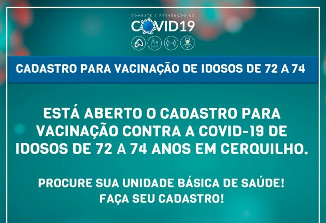 Prefeitura de Cerquilho abre cadastro para vacinação de idosos de 72 a 74 anos