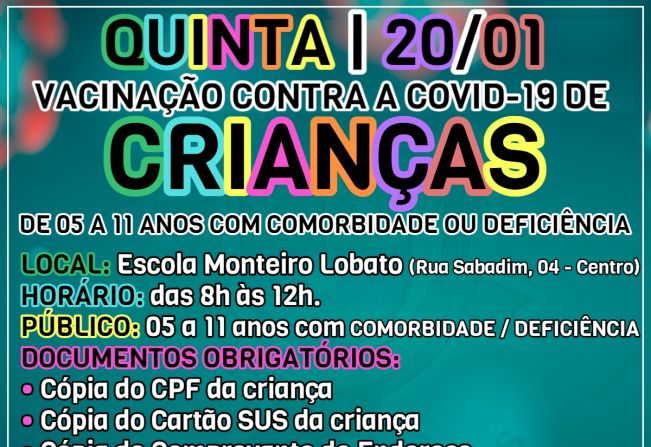 Cerquilho segue vacinação de crianças com comorbidade e deficiência nesta quinta-feira, 20/01