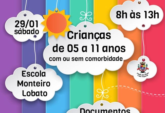 Neste sábado, 29/01, Cerquilho faz plantão de vacinação para crianças de 05 a 11 anos com e sem comorbidade