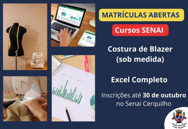 O SENAI Cerquilho está com matrículas abertas para os Cursos de Costura de Blazers sob medida e Excel Completo