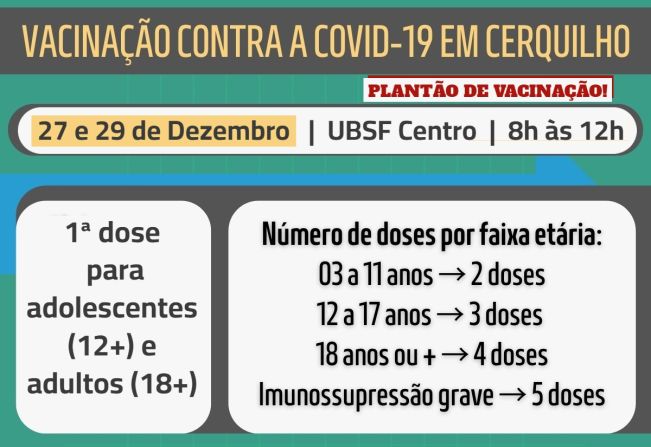 Vacinação contra a Covid-19 terá plantão nos dias 27 e 29 de Dezembro