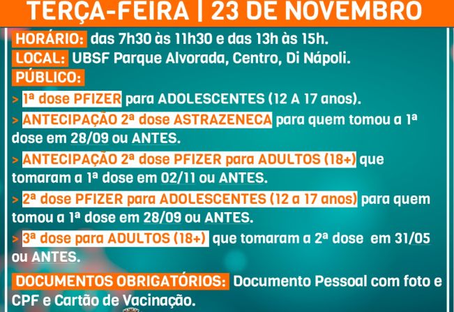 Saiba quais os grupos que serão vacinados na segunda e terça-feira, 22 e 23 de novembro