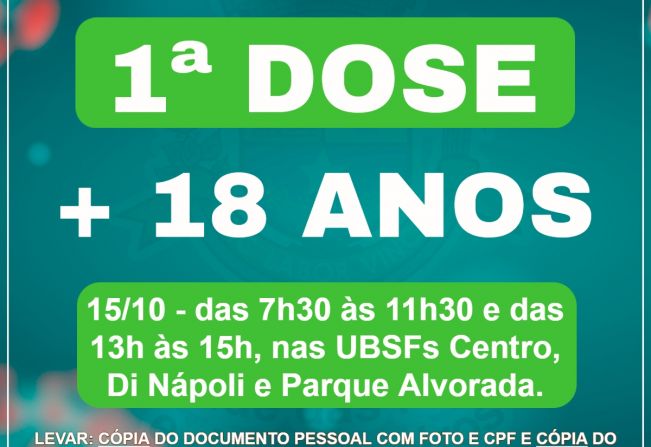 ATENÇÃO! Nesta sexta, vacinação 1ª dose adultos + gestantes + puérperas + 2ª dose coronavac + 3ª dose idosos