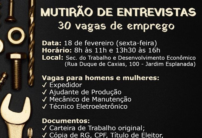 Prefeitura faz mutirão de entrevista para 30 vagas de emprego nesta sexta-feira