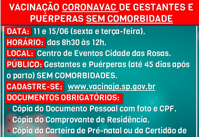 Novas orientações para vacinação de gestantes e puérperas sem comorbidade em Cerquilho